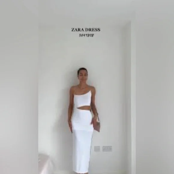 Zara White CUT OUT FITTED ASYMMETRICAL DRESS NWT Size Large - Picture 5 of 6